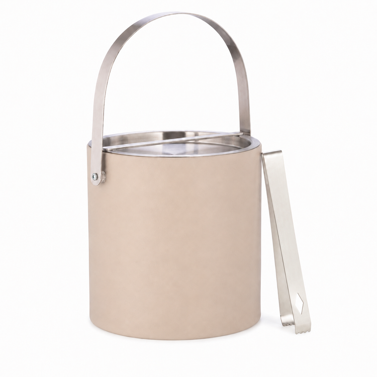 Taupe | ice bucket with metal handle and tongs on a white background