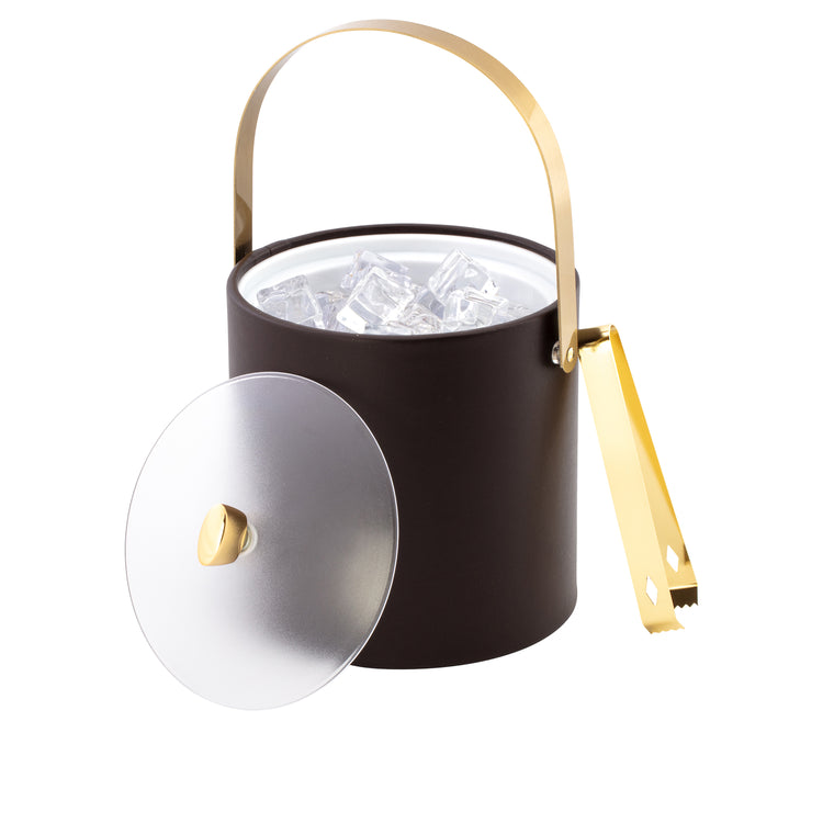 Chocolate | 3QT ice bucket and tongs set with polished gold finishes and acrylic cover, ideal for home bars.
