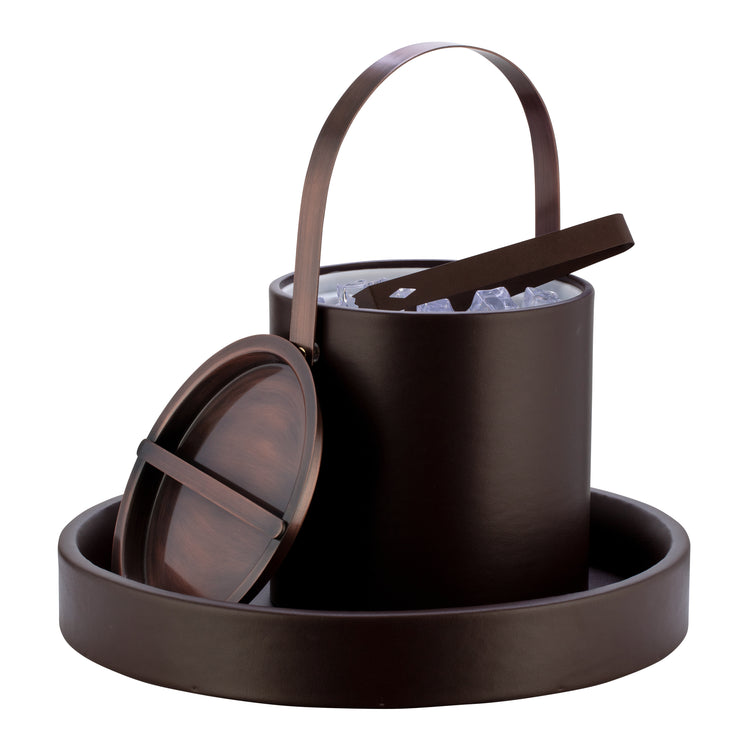 Chocolate | leatherette ice bucket with lid and tray on a white background