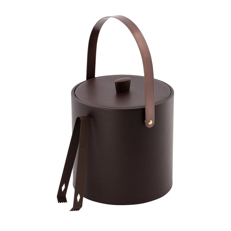 Chocolate | Side angle of ice bucket and tongs with oil-rubbed bronze accents and rich leatherette wrap, photographed on white background.