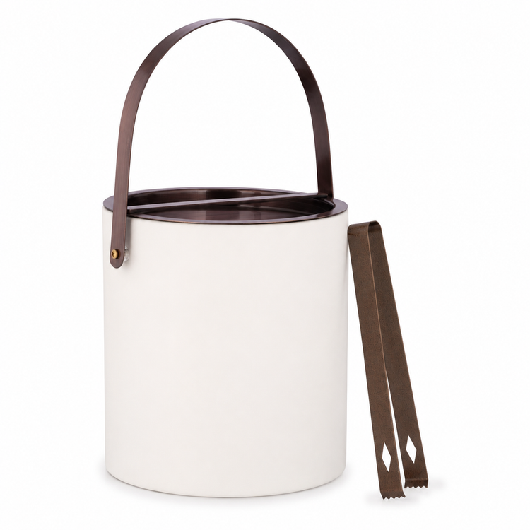 White | ice bucket with a brown oil rubbed bronze metal handle and tongs on a white background