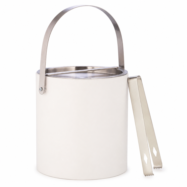 White | ice bucket with handle and tongs on a white background