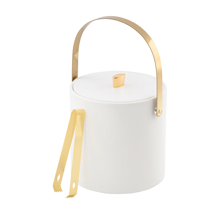 White | ice bucket with gold handle and tongs on a white background