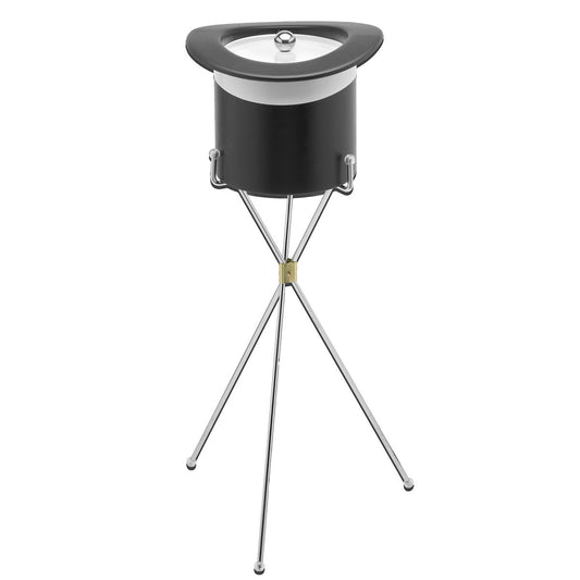 Black with Chrome Band | Two-piece set featuring a 3qt ice bucket with frosted acrylic cover and chrome stand on a white background.