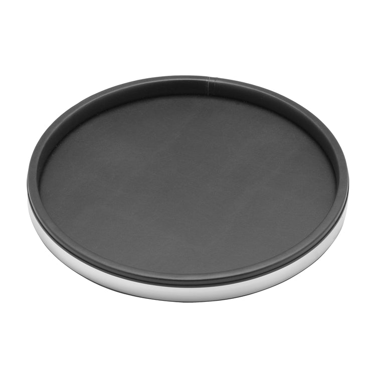 Black and Brushed Chrome | 14-inch round leatherette serving tray with shiny faux metal trim.