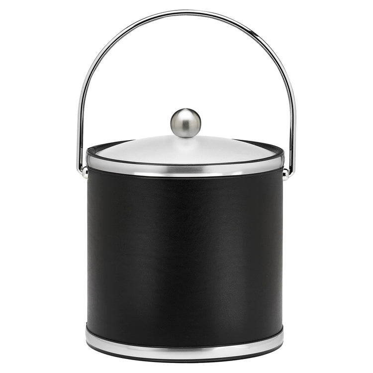 Black and Brushed Chrome | 3-quart leatherette ice bucket with sleek faux chrome metal accent trim, displayed on a white background.