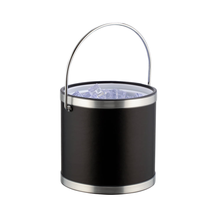 Black and Brushed Chrome | 3qt leatherette ice bucket with no metal cover to show ice inside and bale handle upright.