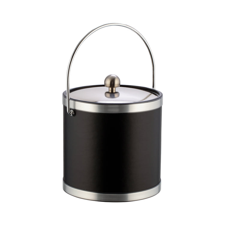 Black and Brushed Chrome | 3-quart ice bucket with faux chrome metal trim, bale handle, and matching metal cover displayed on a white background.