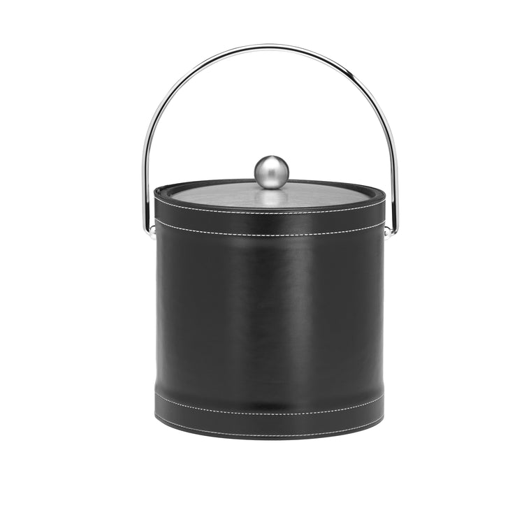 Black | Leatherette stitched ice bucket with bale handle and chrome lid displayed on a white background.