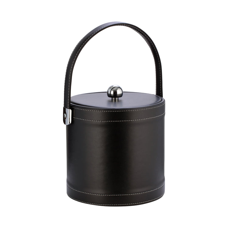 Black | Leatherette stitched ice bucket featuring chrome astro ball knob and smooth leatherette finish.