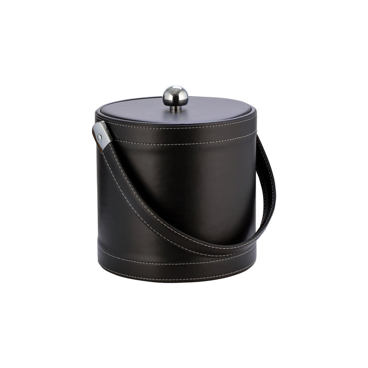 Black | Elegant ice bucket with leatherette stitching and chrome knob styled for home bar use, on a white background.