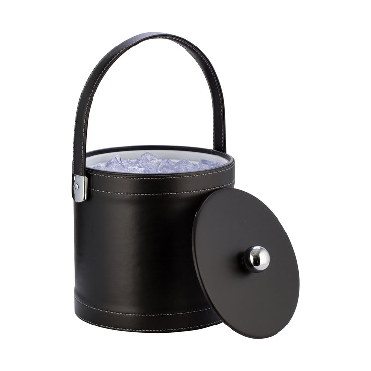 Black | Leatherette stitched ice bucket with chrome astro ball knob and leatherette lid and handle displayed on a white background.