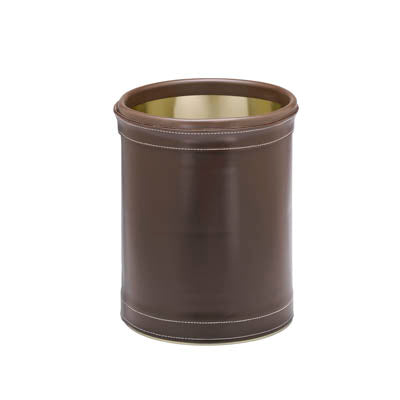 Chocolate | Stylish round 8qt wastebasket featuring stitched leatherette design, displayed against a white backdrop.