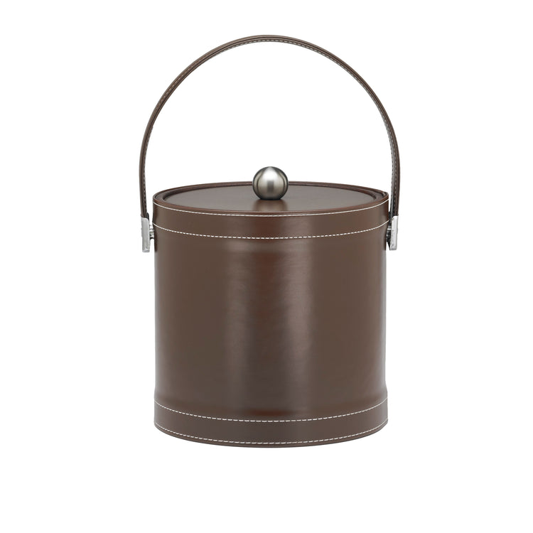 Chocolate | Front view of leatherette ice bucket with detailed stitching and leatherette handle, set against a white backdrop.