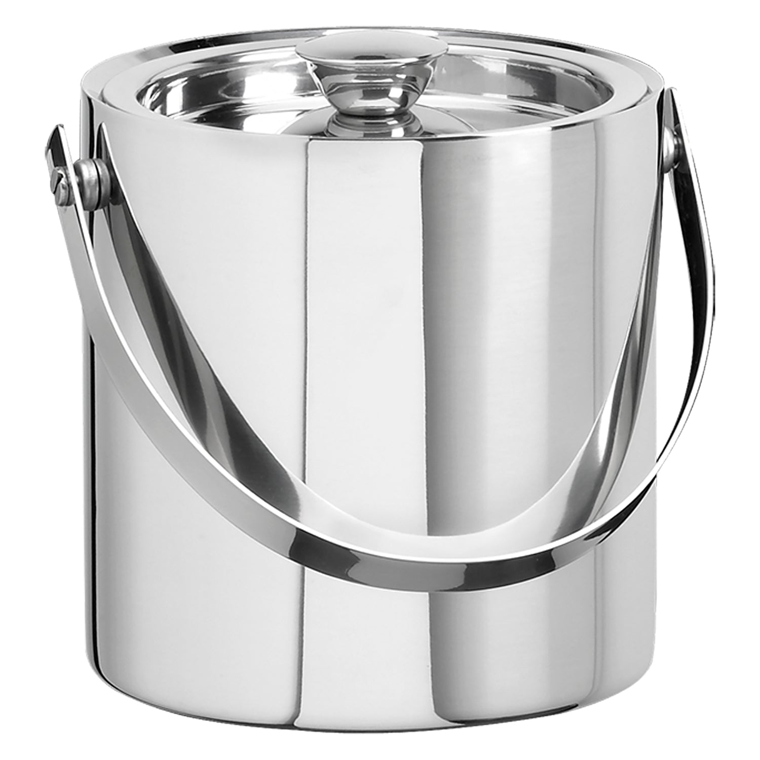 Polished Stainless Steel | Sleek ice bucket with bale handle on a white background.