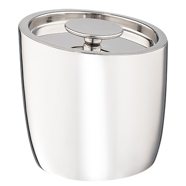 Polished Stainless Steel | Angled view of the slanted 1.6qt ice bucket featuring a disc knob, displayed on a white background.