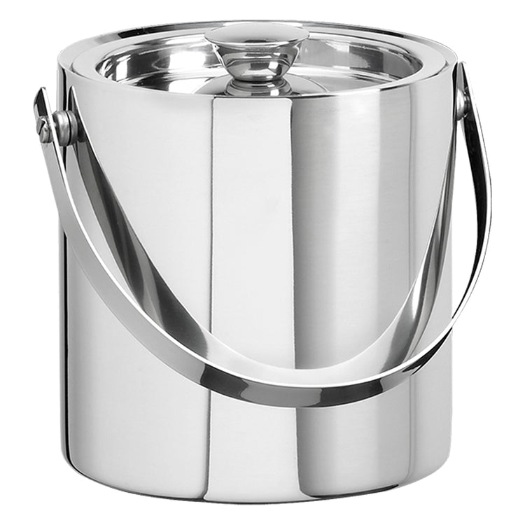 Polished Stainless Steel | Front view of a 1.5-quart ice bucket featuring a simple, modern shape, set against a white backdrop.