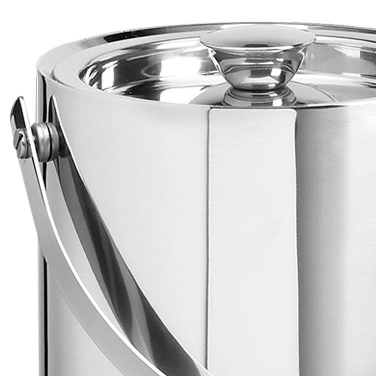 Polished Stainless Steel | Up-close view of a closed cover 1.5QT ice bucket placed on a white background.