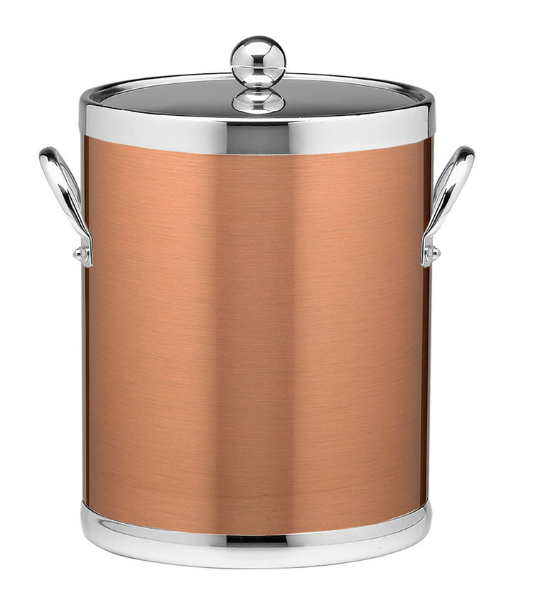 Copper & Chrome | Elegant 5qt ice bucket with metal handles & cover, perfect for chilling beverages.