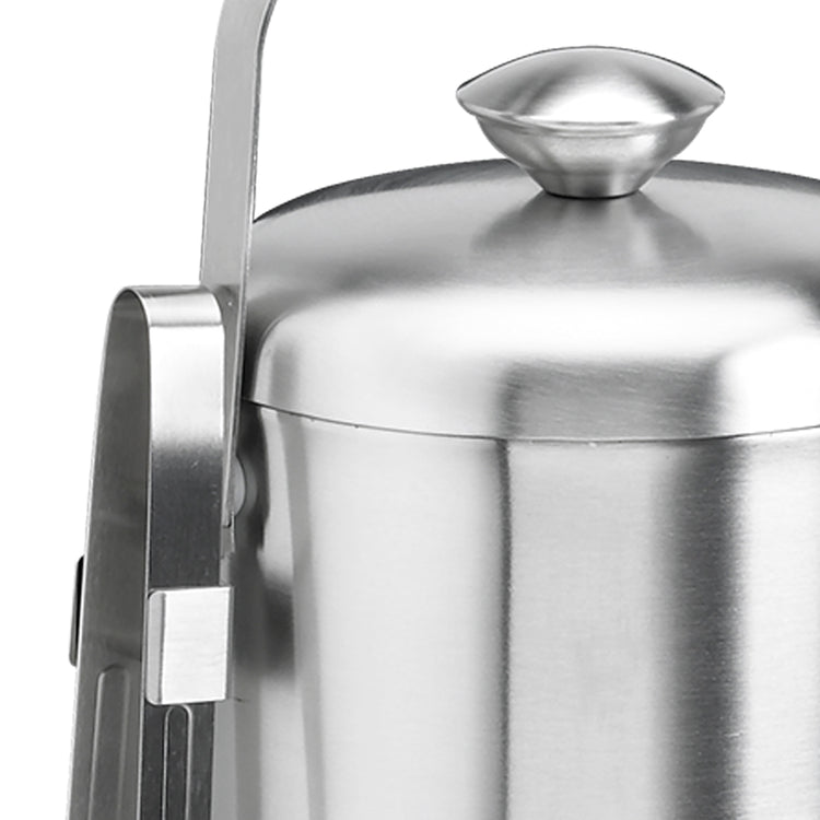 Brushed Stainless Steel | Detail view of the ice bucket featuring a built-in ice tong holder and matching stainless-steel tongs.