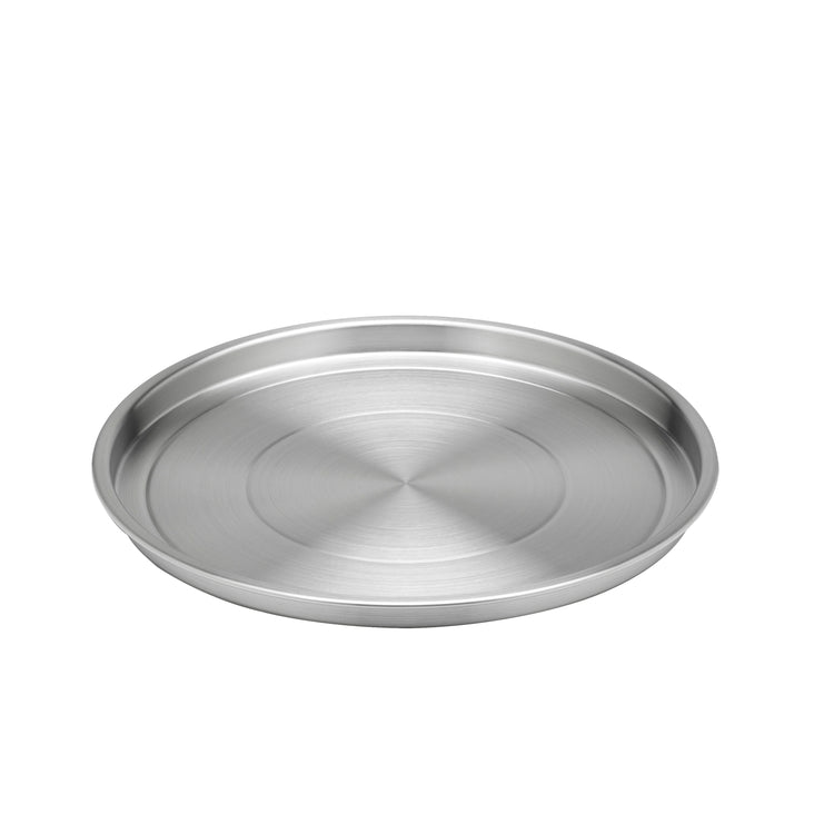 Brushed Stainless Steel | Round 12" serving tray on a white background, perfect for home entertaining or everyday use.