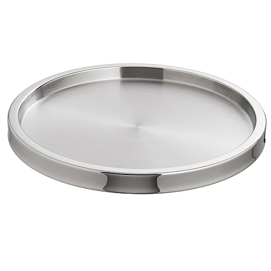Brushed / Polished Stainless Steel | Two-tone round serving tray on a white background.