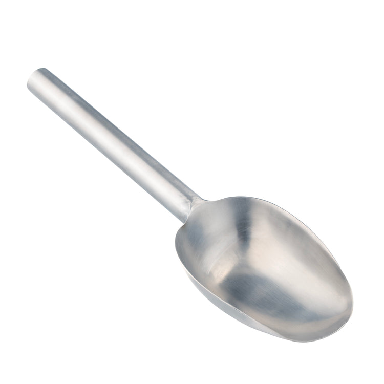Stainless Steel | Ice scoop positioned on a white surface.