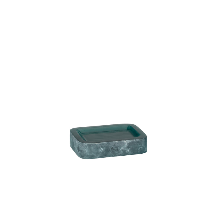 Turquoise | A small rectangular soap dish with rounded corners, featuring a dark teal interior and a textured, marbled gray-green exterior, shown on a plain white background.