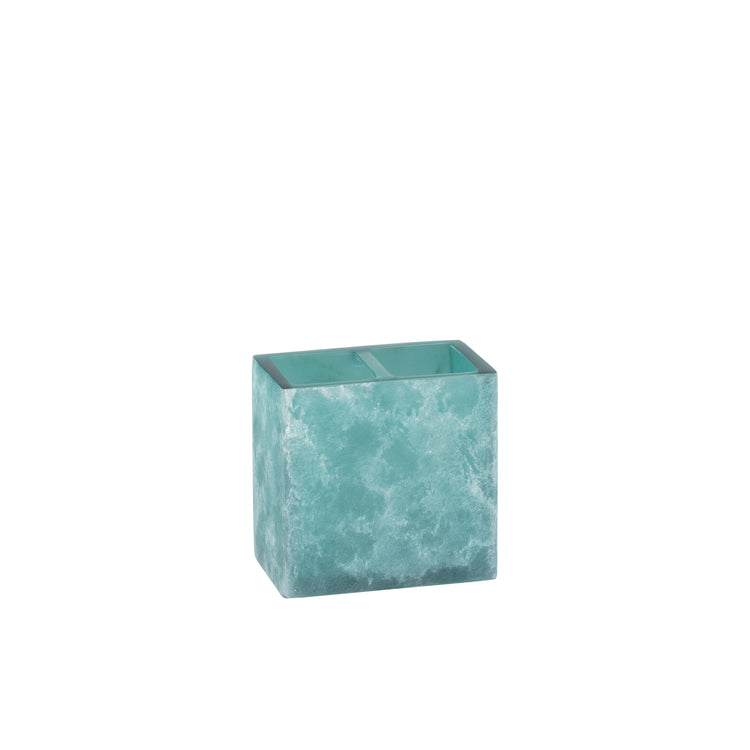 Turquoise | A square resin toothbrush holder with a marbled aqua and teal pattern, shown on a plain white background.