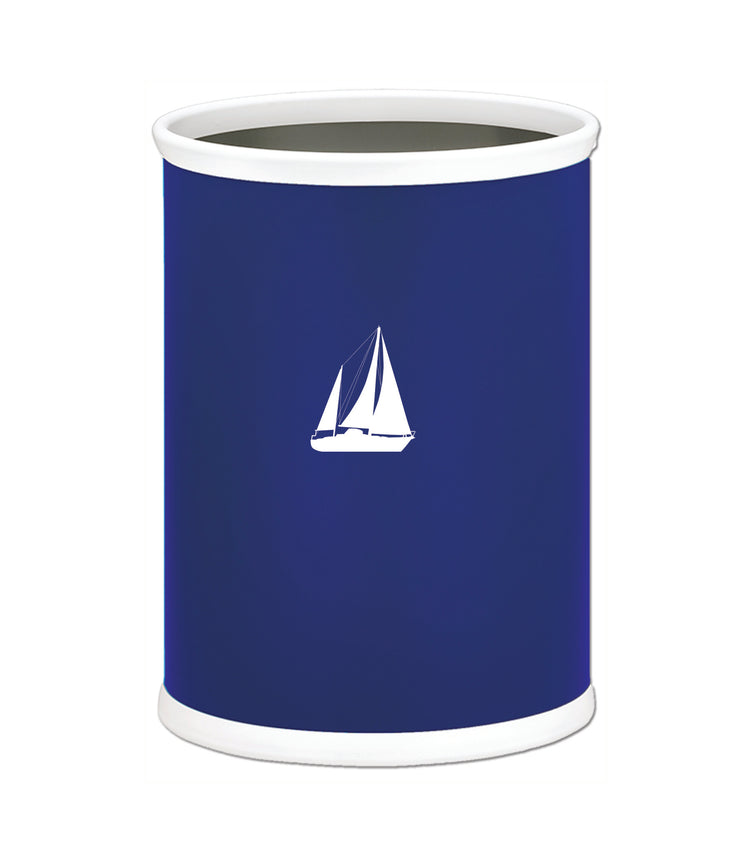 Royal Blue | 13-quart oval wastebasket with a white sailboat decal, displayed on a plain white background.
