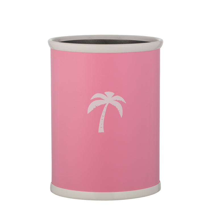 Pink | Oval wastebasket with smooth leatherette finish and white palm tree design.