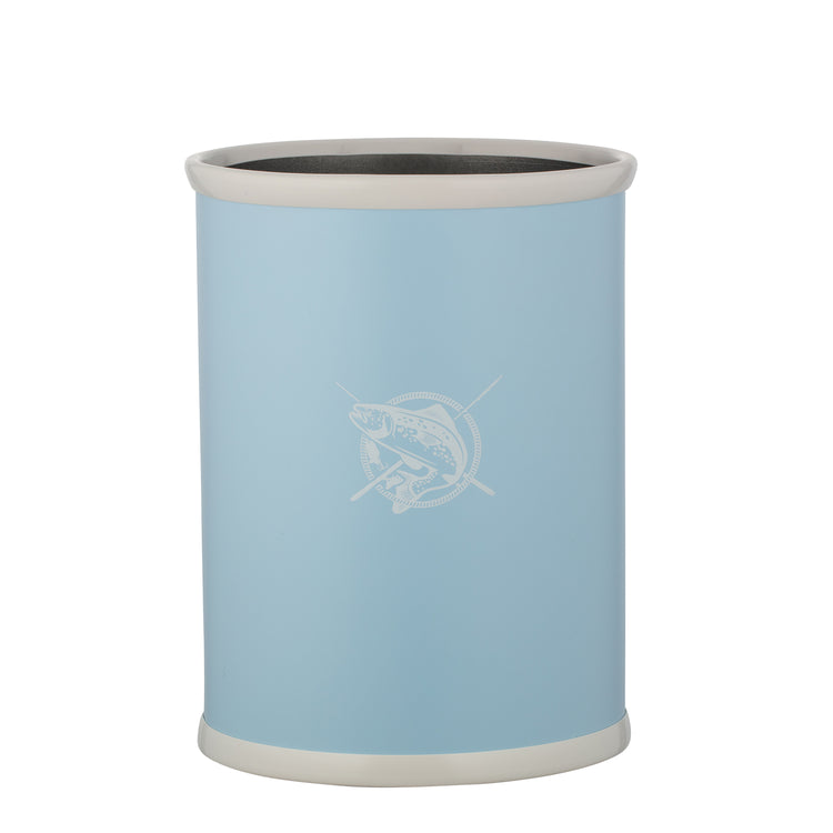 Light blue | cylindrical container with white rim and fish design on a white background.
