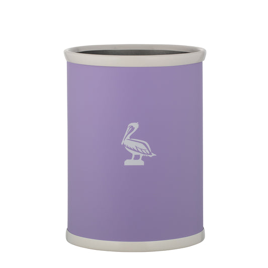 Lavender | Leatherette-wrapped 13qt oval wastebasket with a white pelican decal in the center.