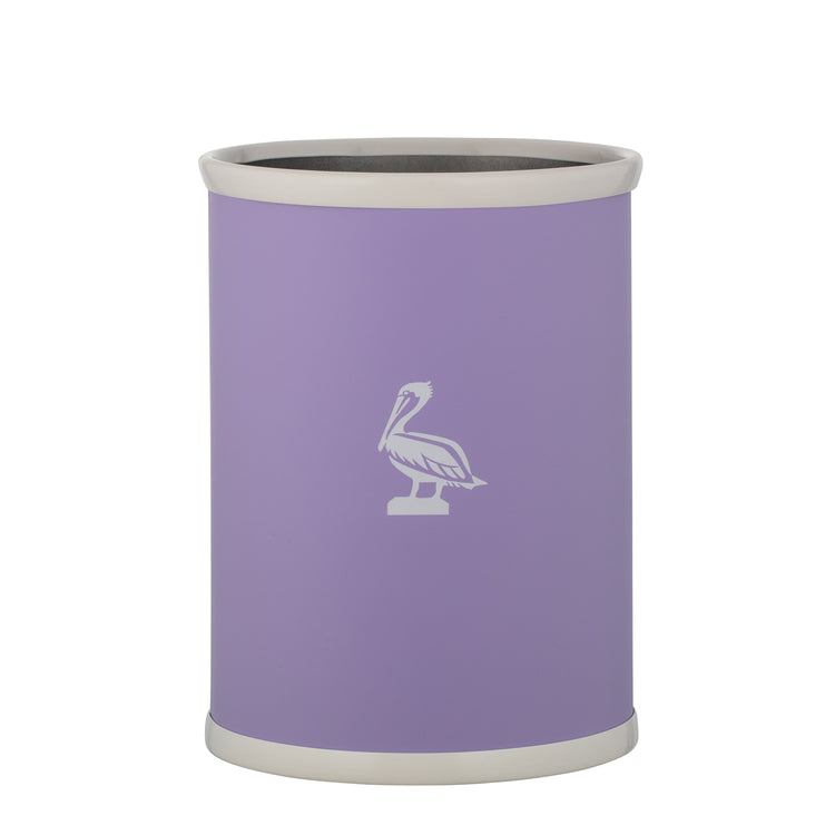 Lavender | Leatherette-wrapped 13qt oval wastebasket with a white pelican decal in the center.