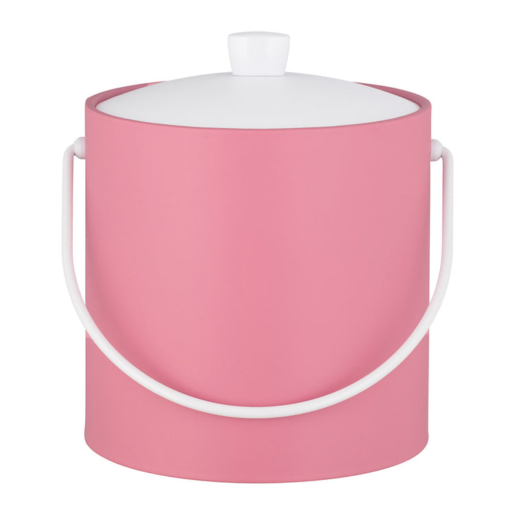 Pink | Front view of a 3QT ice bucket with handle and lid, placed on white.
