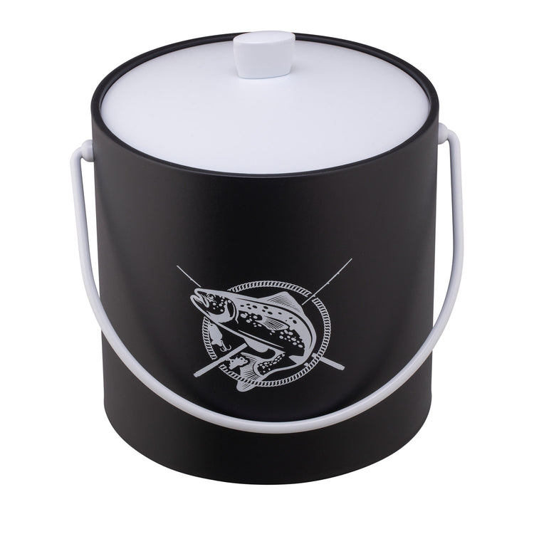 Black | Ice bucket with a centered white fish graphic, placed on a white surface.