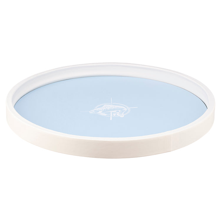 Light Blue | Round tray decorated with a white fish decal, photographed on a white background.