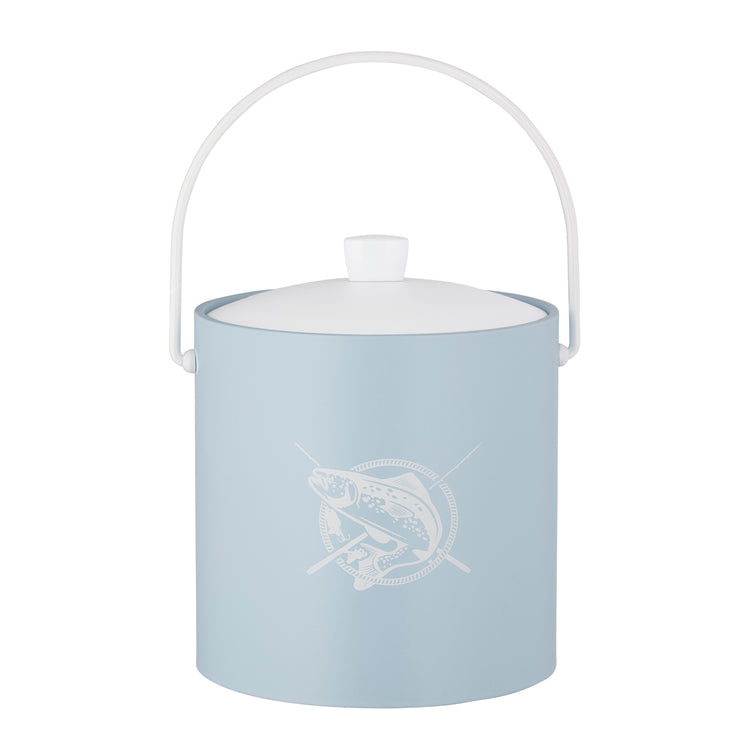 Light Blue | Coastal-themed 3-quart ice bucket with white fish decal, photographed on a white background.