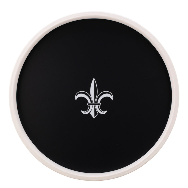 Black | Round serving tray with a white fleur-de-lis decal in the center, displayed on a plain white background.