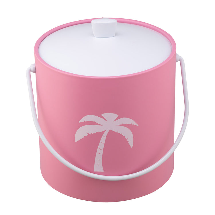 Pink | Minimalist 3-quart ice bucket with white palm tree illustration, set against a white background.