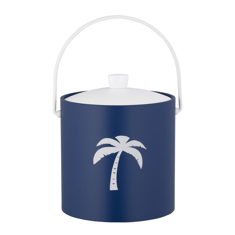 Royal Blue | Tropical-inspired ice bucket with palm tree decal, photographed on a white surface.