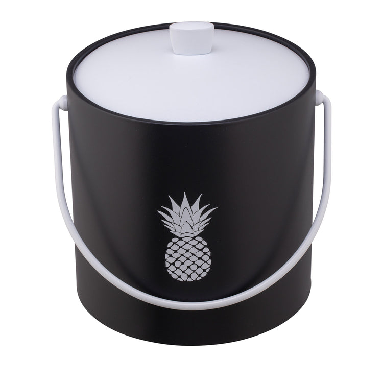Black | 3QT ice bucket decorated with a white pineapple design, shown on a clean white surface.
