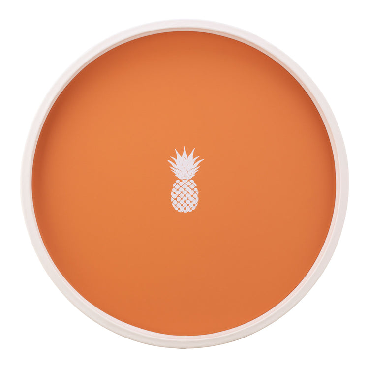 Spice Orange | Round serving tray with a white pineapple decal in the center, displayed on a plain white background.