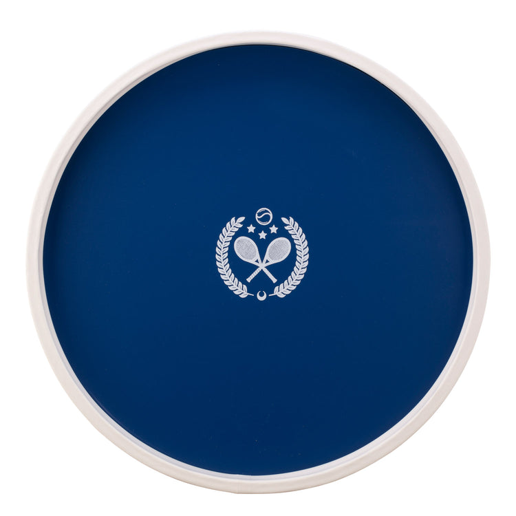 Royal Blue | Round serving tray with white crossed tennis rackets decal in the center, displayed on a plain white background.