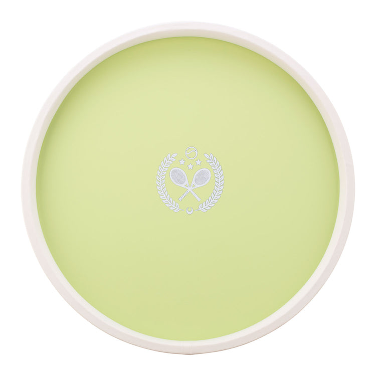 Light Green | Round serving tray with a centered tennis-themed graphic of two rackets, placed on a white surface.
