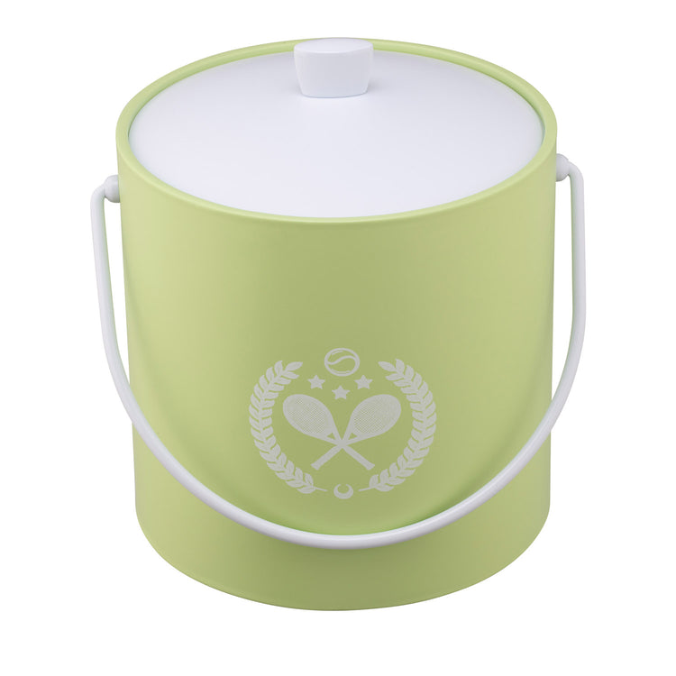 Light Green | Tennis-themed 3-quart ice bucket with white tennis rackets decal, photographed on a white background.