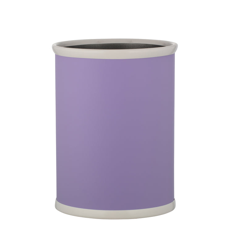 Lavender | Stylish oval leatherette trash can, set against a white backdrop.