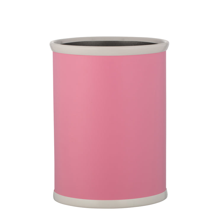 Pink | Leatherette office wastebasket in an oval shape, featured on a clean white background.