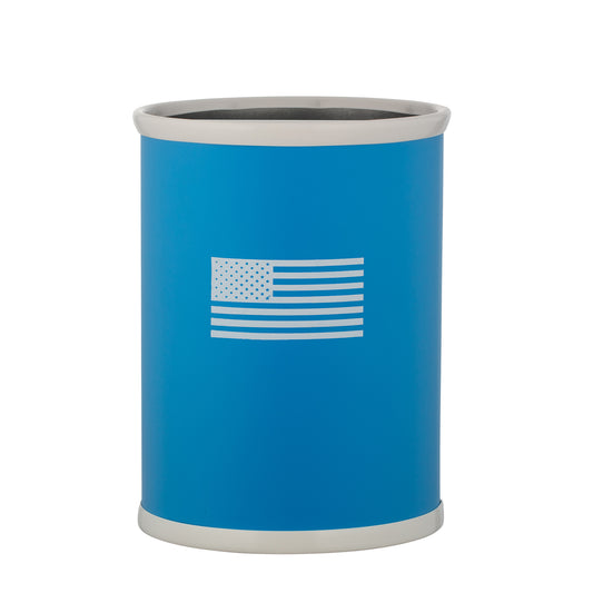 Process Blue | 13-quart oval wastebasket with an American flag decal, placed on a white background.