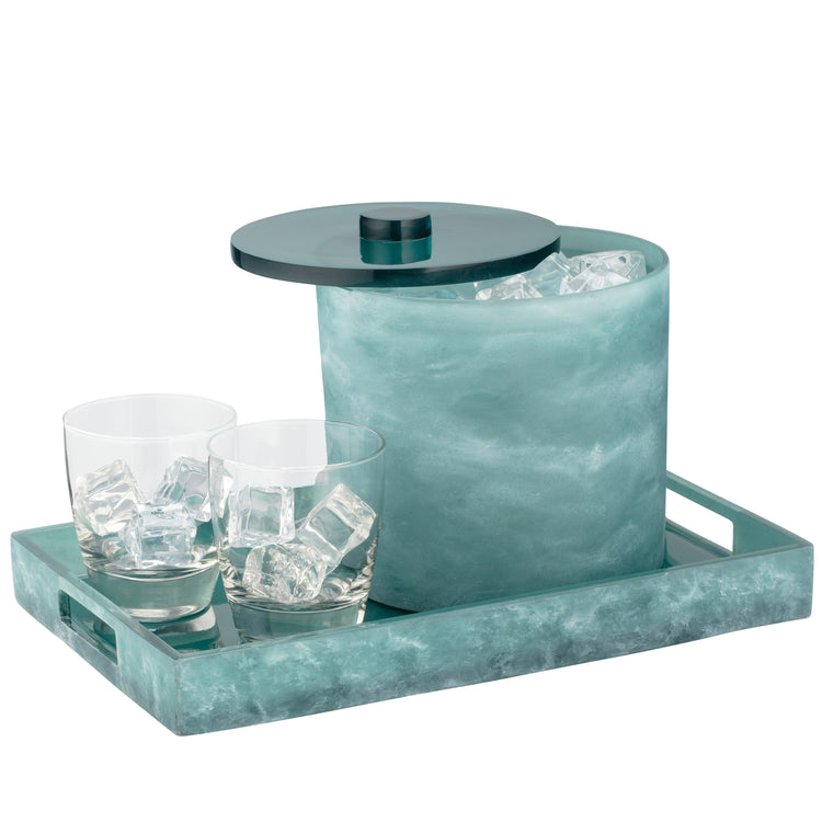 Turquoise | A matching teal marble-style ice bucket set with lid, two clear lowball glasses, and a mirrored serving tray on a white background.